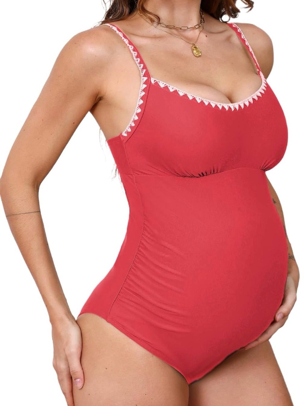 Cupshe Maternity Red One-Piece Swimsuit with White Trim Detailing